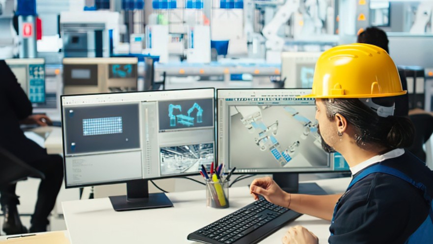 Engineer monitors industrial systems on dual screens in tech facility