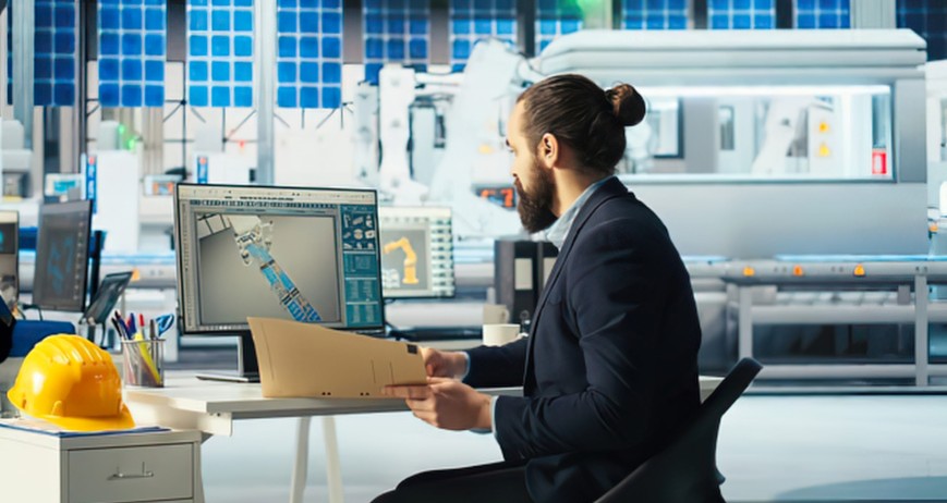 Engineer reviewing CAD drawings at computer in industrial facility